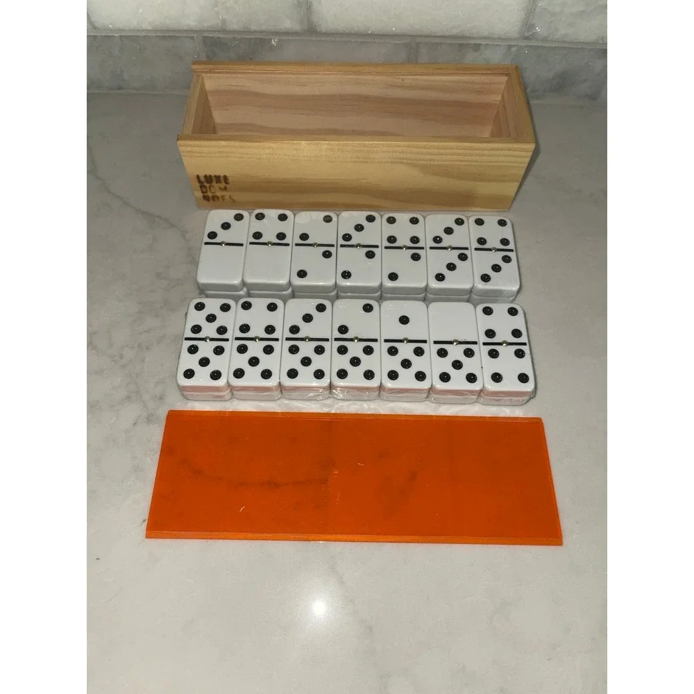 LUXE Dominoes Wood Box NIB Orange Sliding Lucite Lid‎